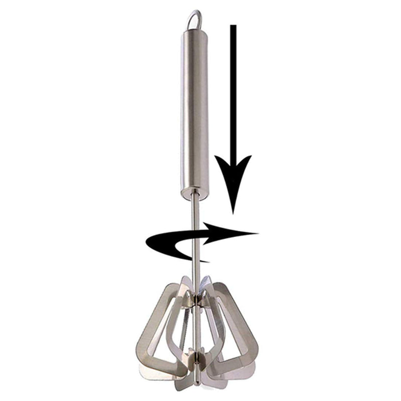 A manual hand blender featuring a sturdy stainless steel body.