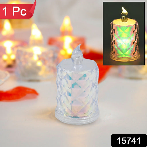 Close-up of a flameless LED tealight candle, ideal for Diwali decorations and safe use.