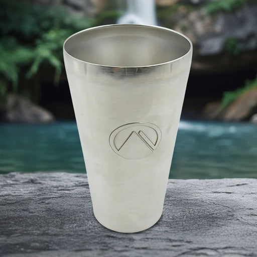 Front view of a sleek stainless steel travel mug, perfect for on-the-go hydration.