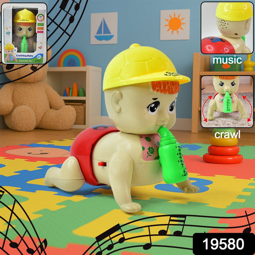 Interactive battery powered crawling baby toy with baby bottle accessory