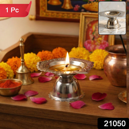Elegant stainless steel puja diya holder for home mandir