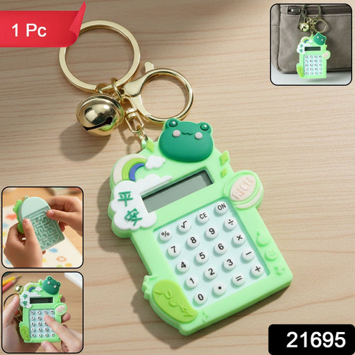 Frog calculator keychain showing functional mini digital calculator and metal ring