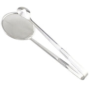 Stainless steel frying filter spoon with food being removed from oil.