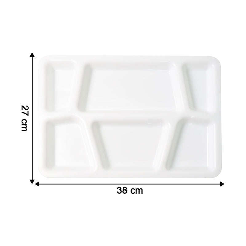 Lightweight plastic meal tray with six compartments for separate servings of food.