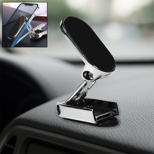 A 360° rotating magnetic car phone holder made of metal, shown on a car dashboard.