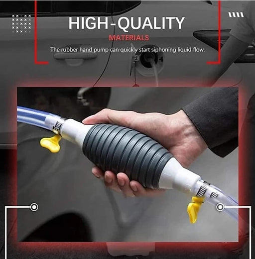 Portable fuel transfer pump kit with hoses and bulb, ready for petrol and diesel siphoning.