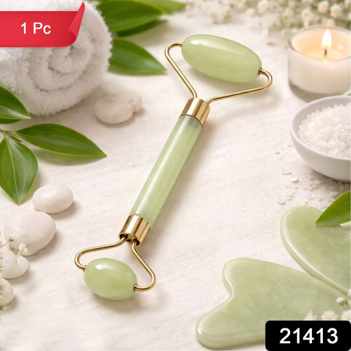 Person using double head face roller for gentle cheek massage