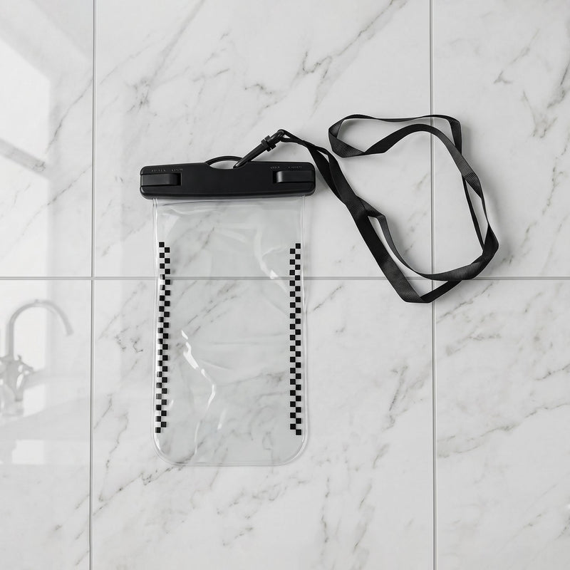 Studio shot demonstrating waterproof mobile pouch design