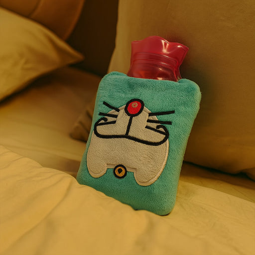 Doremon hot water bag with a soft blue cover, front view.