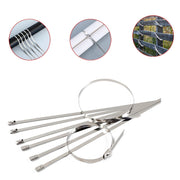 Plain background with a single stainless steel cable tie, highlighting its sleek design.