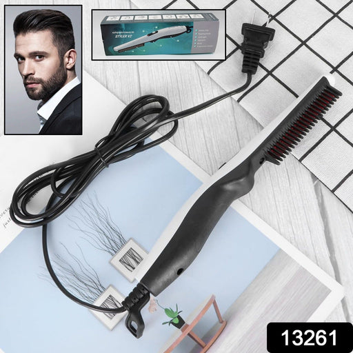 Close-up of the electric hair straightening comb's ergonomic design.