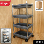 Side view of multi-tier rolling storage cart made of plastic and stainless steel