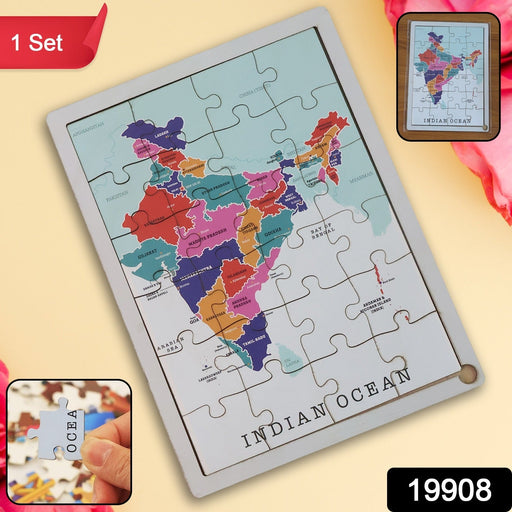 Close-up of interlocking pieces of the wooden India map puzzle for geography learning.