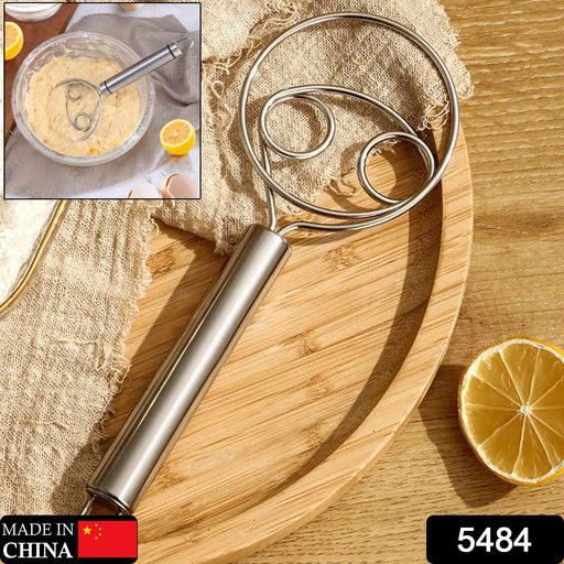 Close-up of the durable stainless steel coil on the dough whisk.