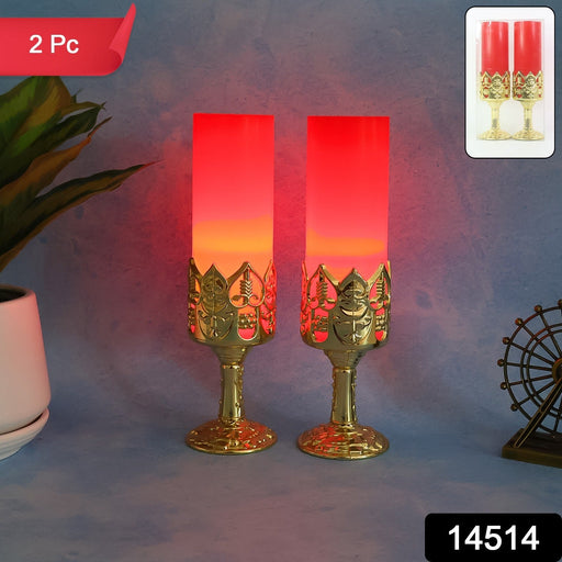 Decorative LED candle lamps glowing warmly on golden stands