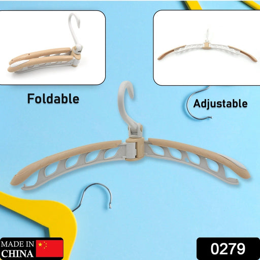Compact folding clothes hanger ideal for travel and small spaces.