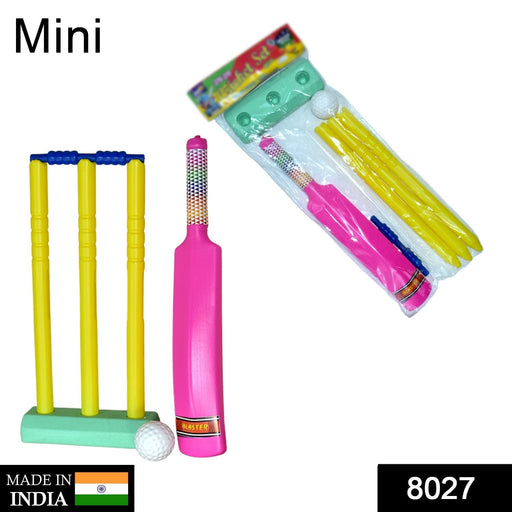 Full plastic cricket kit for kids, featuring bat, ball, and wickets.