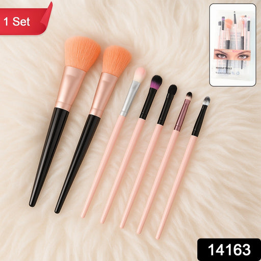 7-piece soft bristle makeup brush kit laid out for face and eyes