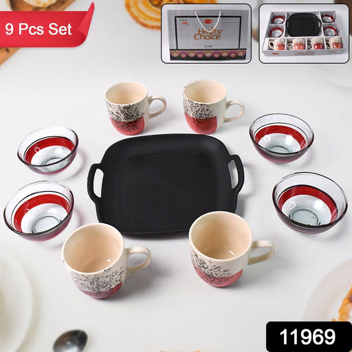 Display of ceramic cups and glass bowls for serving snacks and beverages