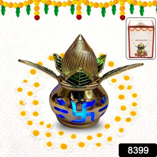 Close-up of a decorative LED Kalash with intricate gold plating on a festive background.