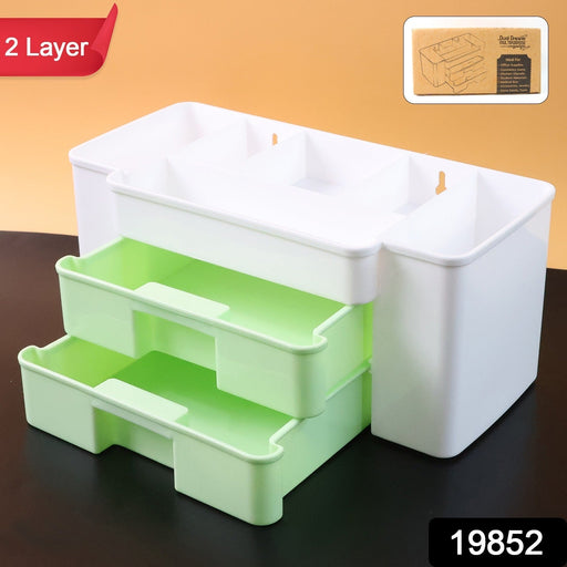 Close-up of the desktop organizer with pull-out drawers storing small items like jewelry.