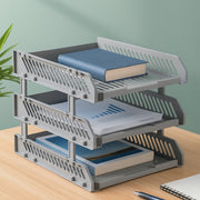Multifunctional desktop file rack with four layers for office storage.
