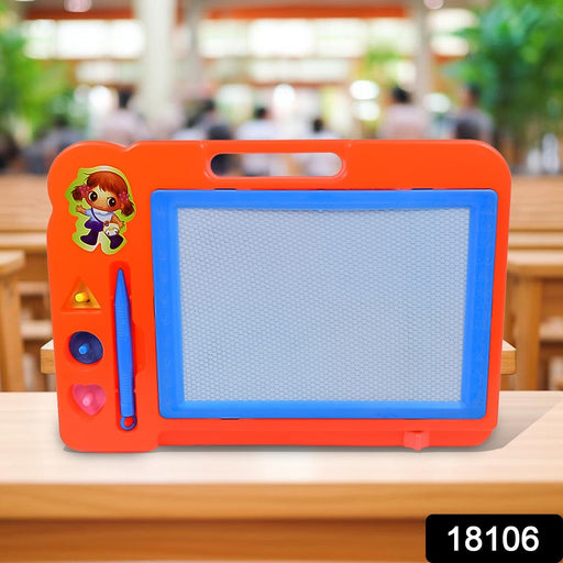 Child's hand drawing colorful lines on a magnetic drawing board with the stylus.