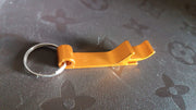 Angled view of stainless steel metal keychain with sleek look