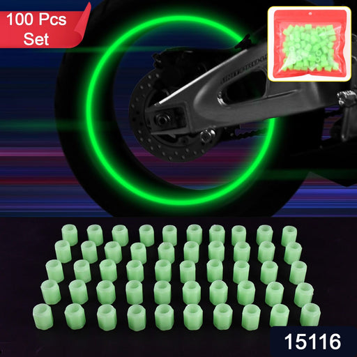 Close-up of luminous glow tyre valve caps showing textured grip and fluorescent effect