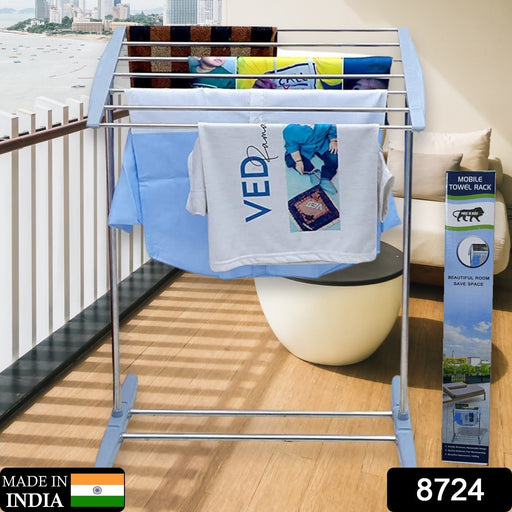 Foldable clothes drying stand made of stainless steel, demonstrating its compact design.