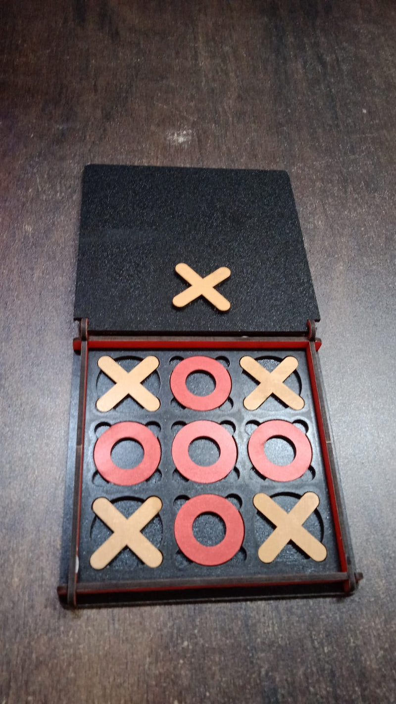 Lifestyle image of the X & Zero wooden board game, ready for play on a table, suggesting family fun.