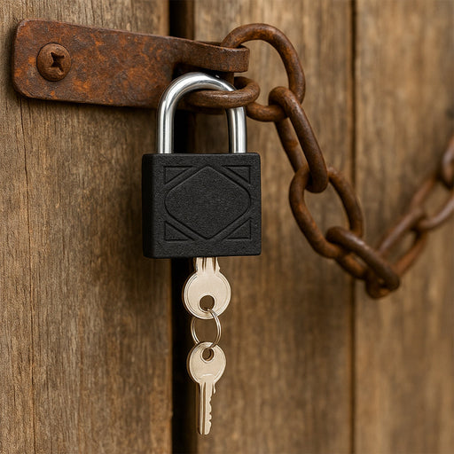Safelix iron padlock with a brass core, displayed with three keys for enhanced security.