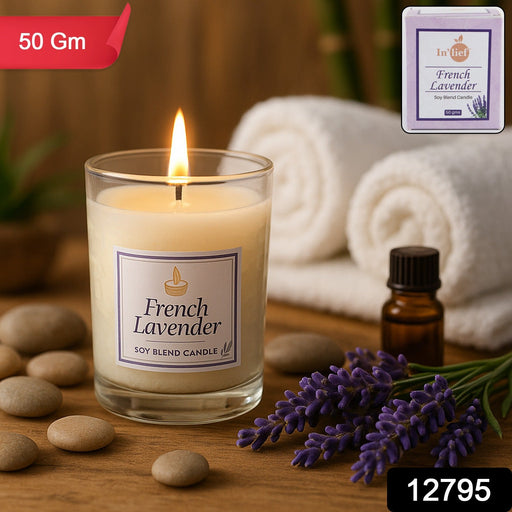 Close-up of French Lavender soy candle burning with clean flame