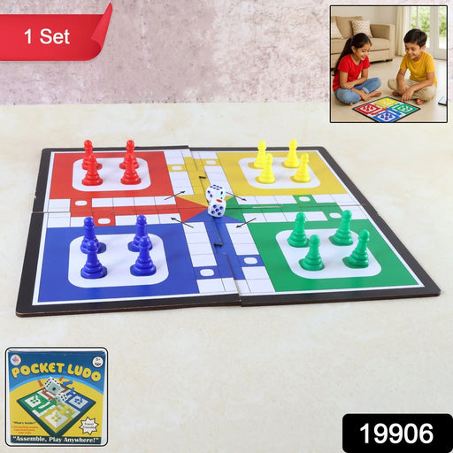 Compact foldable Pocket Ludo game board, ready for travel.