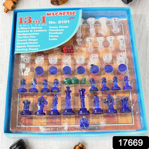 Close-up of magnetic chess pieces and dice from the multi-game set for kids.