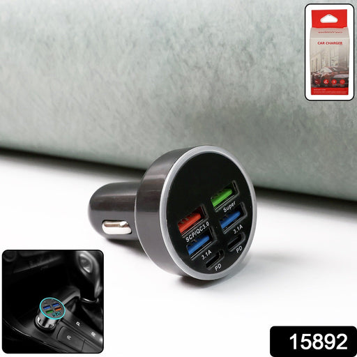Close-up of multi-port fast car charger showing USB ports and smart charging features
