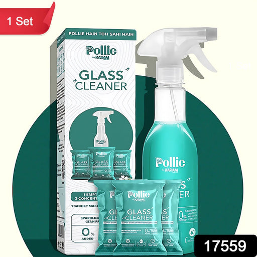 Pollic Kadam concentrated glass cleaner refill kit packaging with spray bottle and sachets.
