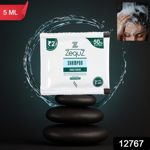 Close-up of shampoo sachet packaging showing conditioning formula for soft hair