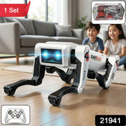 Kids playing with AI robot dog toy with bright lights and tricks