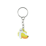 Metal ring keychain holding house keys featuring a cute banana cartoon charm