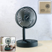 Rechargeable desktop table fan with integrated mobile phone holder on desk