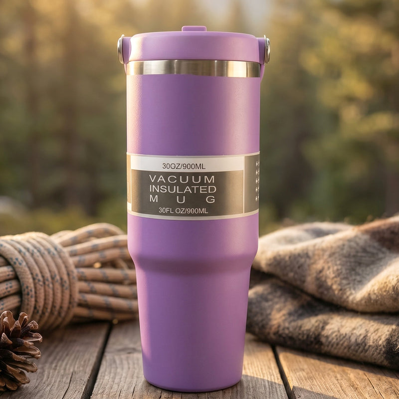 Angled side view of 890ML stainless steel insulated travel mug