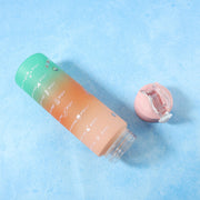 Leakproof motivational water bottle with flip-top cap and time markers