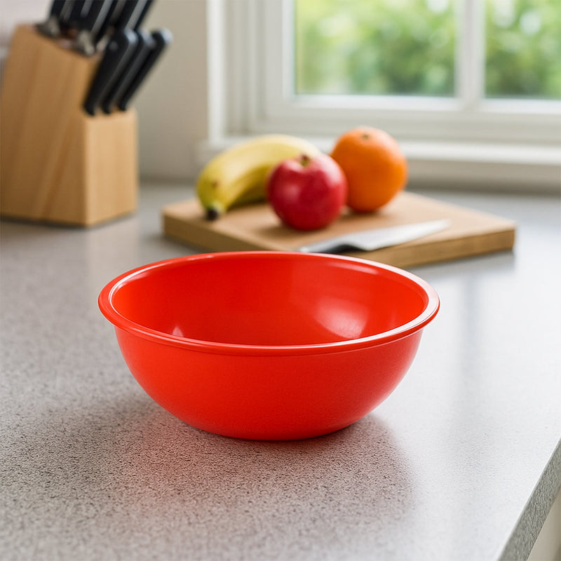 Stacked plastic red bowls showcasing lightweight design