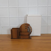 Wooden desk organizer with calendar wheel and multi compartments on desk