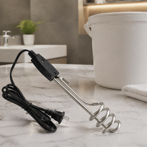 Portable electric immersion water heater with a comfortable handle.