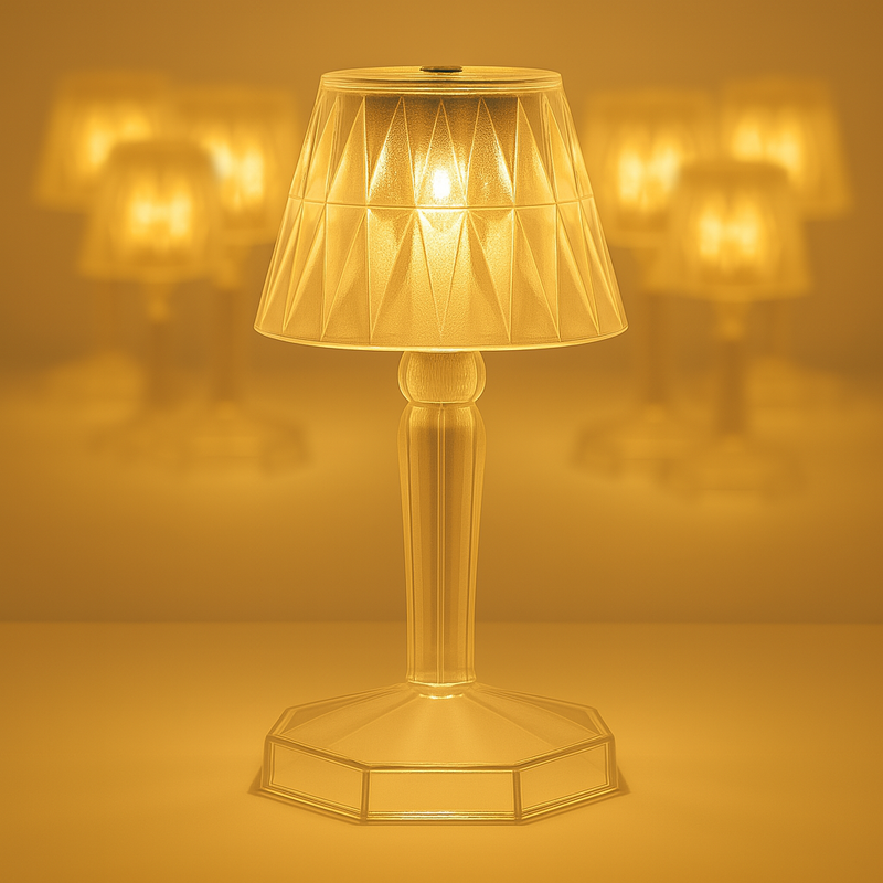 The crystal table lamp showcasing its unique reflection light effect in a dark room.