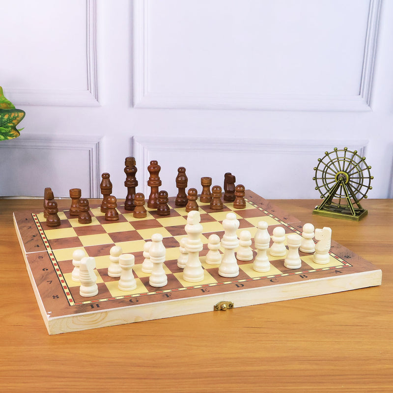 Side view of the open Folding Wooden Chess Board, emphasizing its sturdy wooden construction.