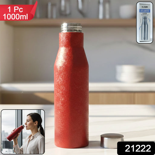 Red stainless steel water bottle showing SKU label