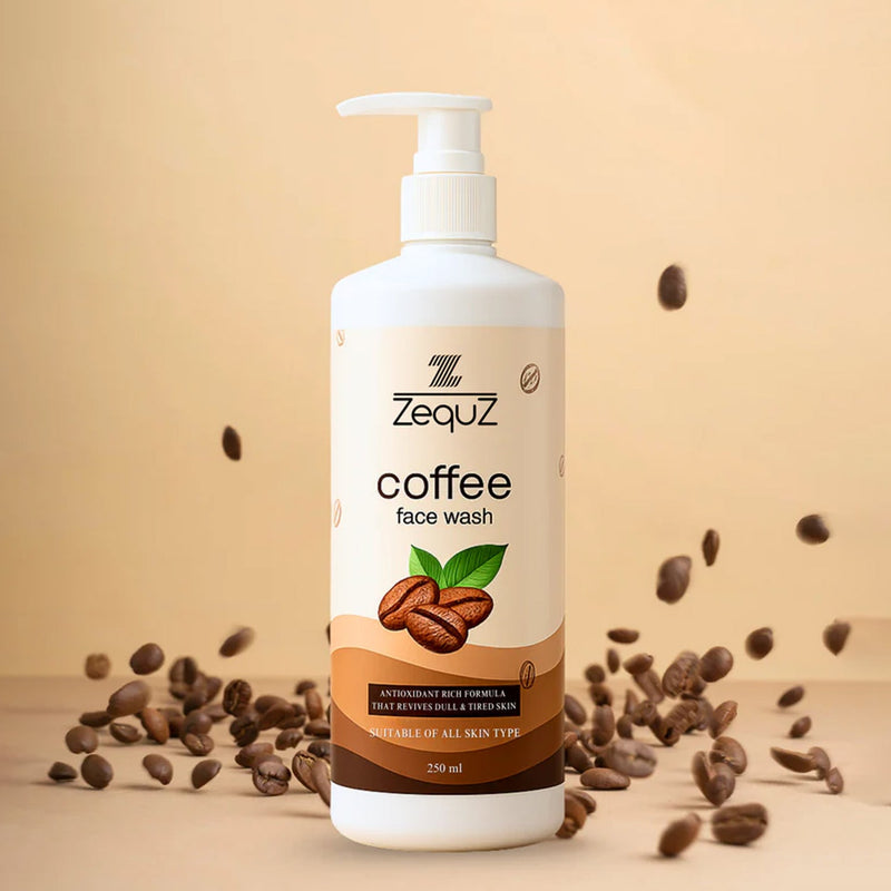 Pump bottle of Zequz Coffee Face Wash with coffee beans, antioxidant rich formula
